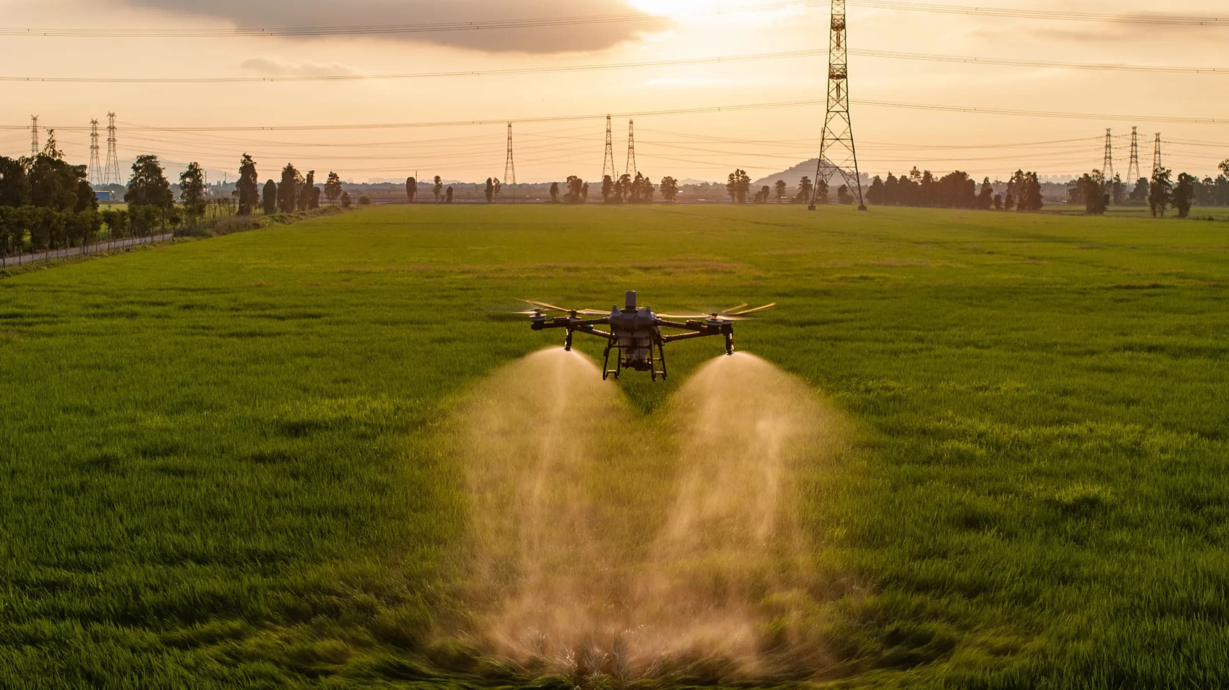 Gün batımında tarım arazisinde uçan zirai ilaçlama dronu