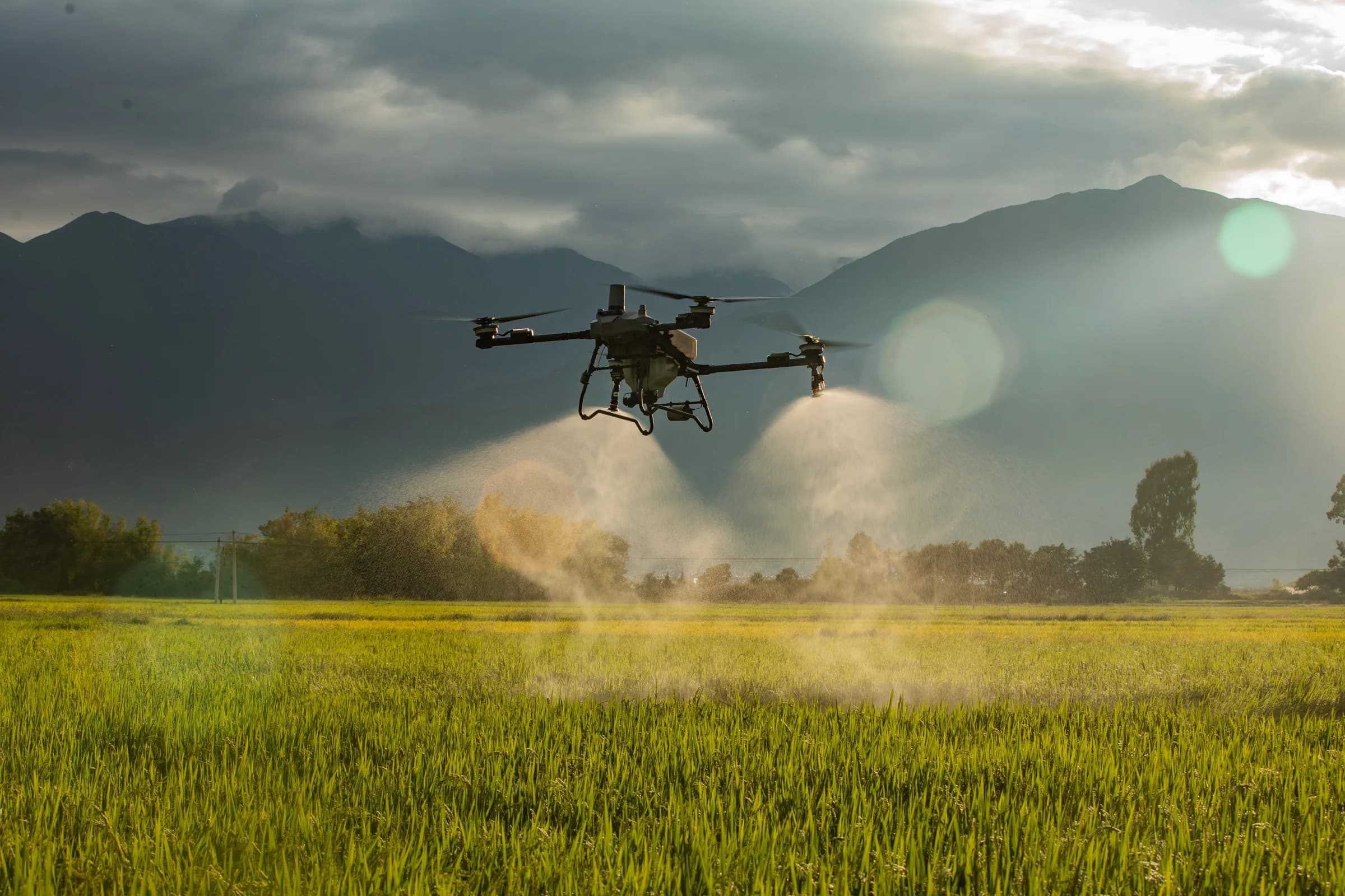 Tarım arazisinde çift nozullu ilaçlama yapan zirai dron